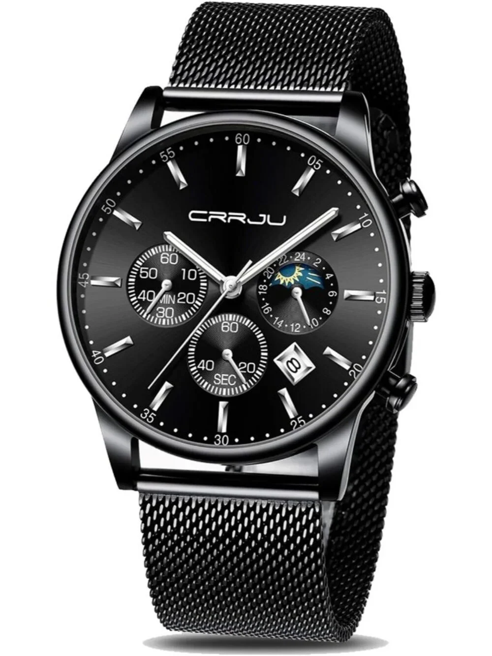 Men's Black Silver Chronograph Waterproof Steel Quartz Mesh Strap Casual Watch